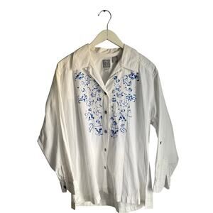 Vintage Russ Sport 100% Cotton White Button Down Shirt Western Boho Cottage sz M